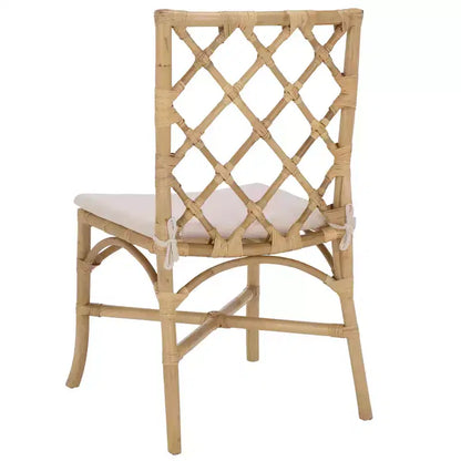 Chaise de salle à manger en rotin avec coussin crème amovible, finition naturelle, sans accoudoirs — Paquet de 2