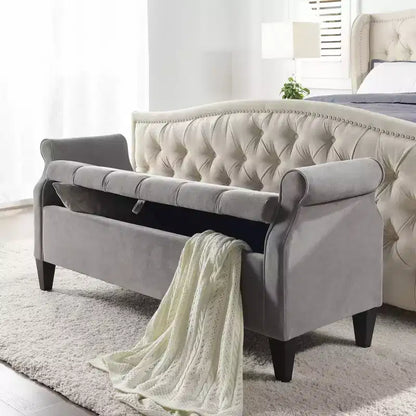 Banc de rangement capitonné à accoudoirs arrondis avec coffre de rangement caché, revêtement en velours, cadre en bois massif