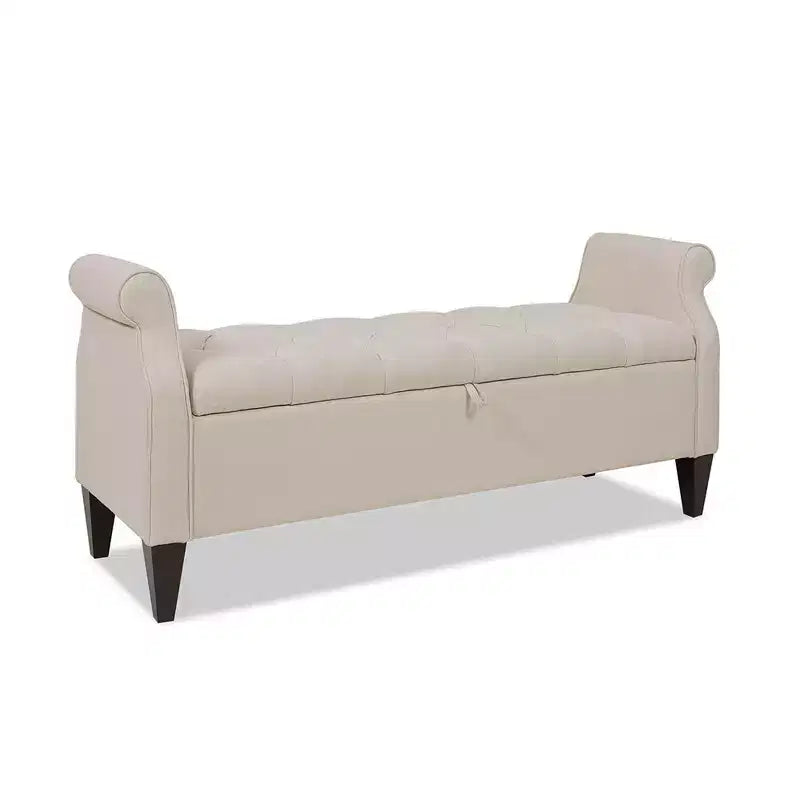 Banc de rangement capitonné à accoudoirs arrondis avec coffre de rangement caché, revêtement en velours, cadre en bois massif