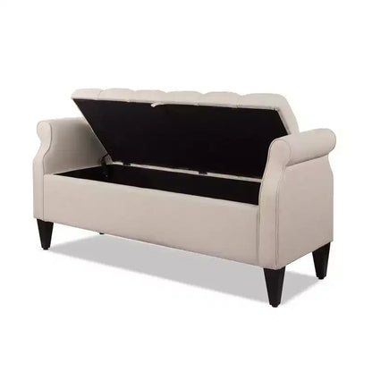 Banc de rangement capitonné à accoudoirs arrondis avec coffre de rangement caché, revêtement en velours, cadre en bois massif