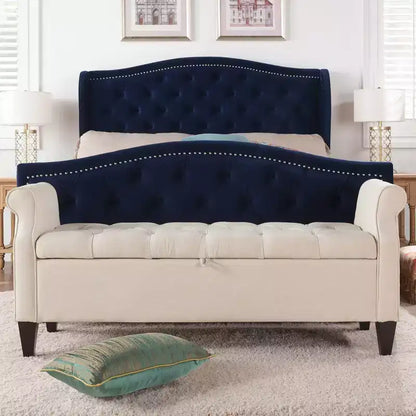 Banc de rangement capitonné à accoudoirs arrondis avec coffre de rangement caché, revêtement en velours, cadre en bois massif