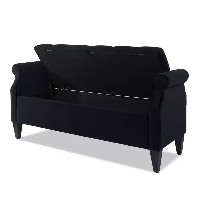 Banc de rangement capitonné à accoudoirs arrondis avec coffre de rangement caché, revêtement en velours, cadre en bois massif
