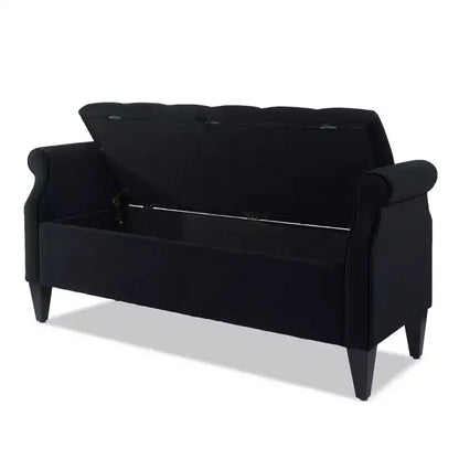 Banc de rangement capitonné à accoudoirs arrondis avec coffre de rangement caché, revêtement en velours, cadre en bois massif