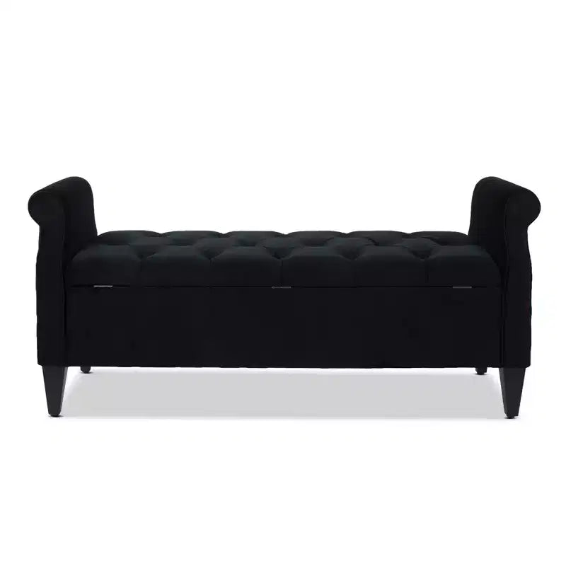 Banc de rangement capitonné à accoudoirs arrondis avec coffre de rangement caché, revêtement en velours, cadre en bois massif