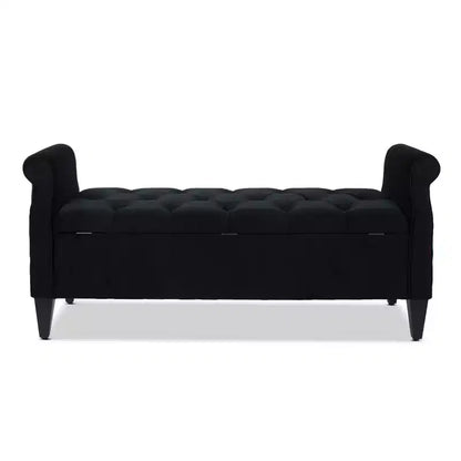 Banc de rangement capitonné à accoudoirs arrondis avec coffre de rangement caché, revêtement en velours, cadre en bois massif