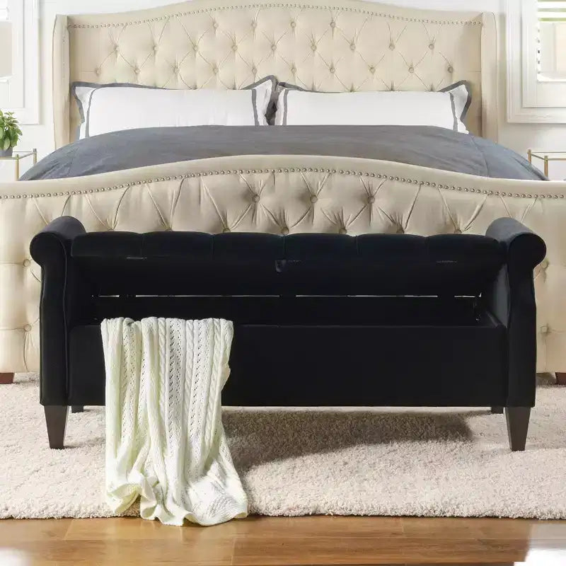 Banc de rangement capitonné à accoudoirs arrondis avec coffre de rangement caché, revêtement en velours, cadre en bois massif