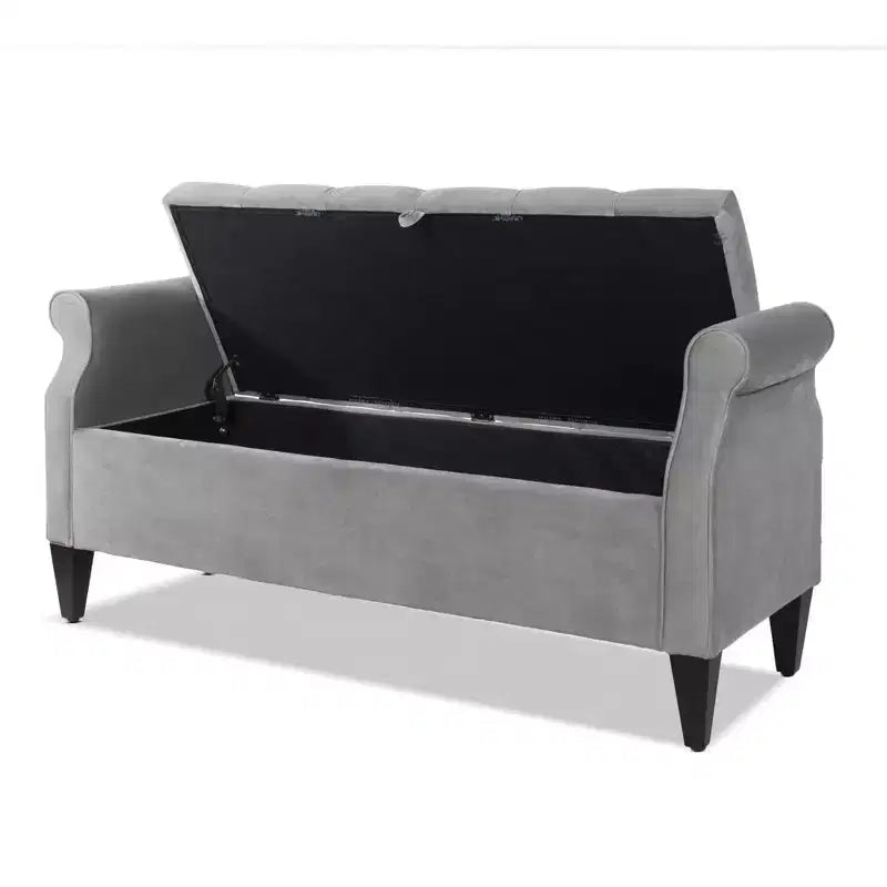 Banc de rangement capitonné à accoudoirs arrondis avec coffre de rangement caché, revêtement en velours, cadre en bois massif