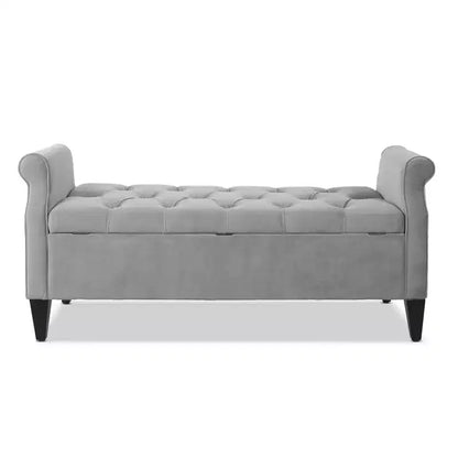 Banc de rangement capitonné à accoudoirs arrondis avec coffre de rangement caché, revêtement en velours, cadre en bois massif