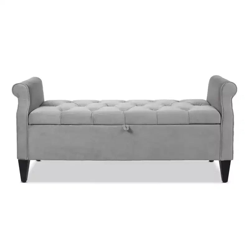Banc de rangement capitonné à accoudoirs arrondis avec coffre de rangement caché, revêtement en velours, cadre en bois massif