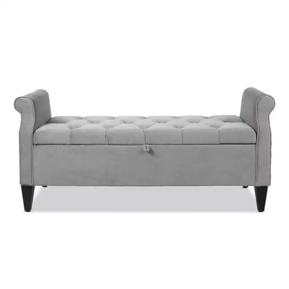 Banc de rangement capitonné à accoudoirs arrondis avec coffre de rangement caché, revêtement en velours, cadre en bois massif