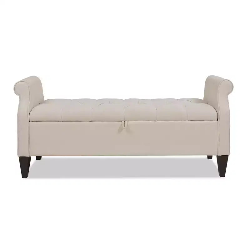 Banc de rangement capitonné à accoudoirs arrondis avec coffre de rangement caché, revêtement en velours, cadre en bois massif
