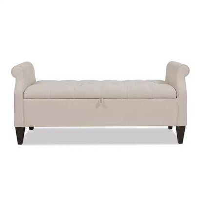 Banc de rangement capitonné à accoudoirs arrondis avec coffre de rangement caché, revêtement en velours, cadre en bois massif