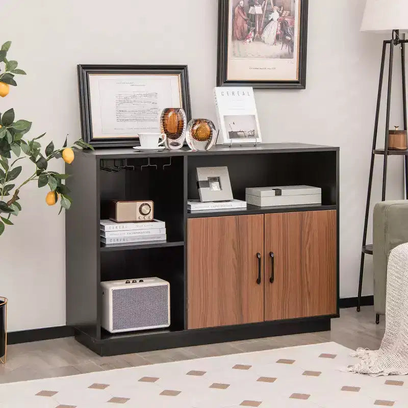 Meuble de bar à vin industriel, buffet avec support en verre et étagère réglable, 115,5 cm L x 81 cm H