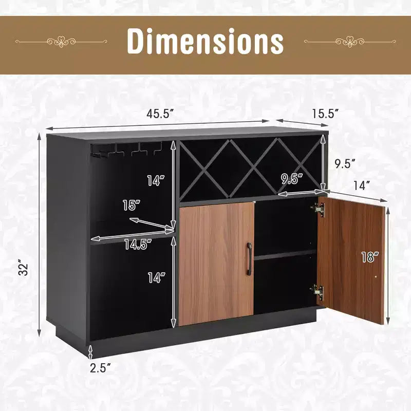 Meuble de bar à vin industriel, buffet avec support en verre et étagère réglable, 115,5 cm L x 81 cm H