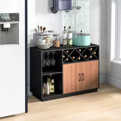 Meuble de bar à vin industriel, buffet avec support en verre et étagère réglable, 115,5 cm L x 81 cm H