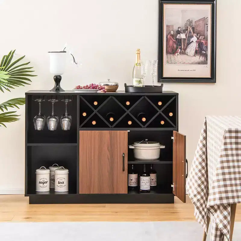 Meuble de bar à vin industriel, buffet avec support en verre et étagère réglable, 115,5 cm L x 81 cm H