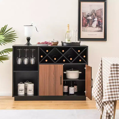Meuble de bar à vin industriel, buffet avec support en verre et étagère réglable, 115,5 cm L x 81 cm H