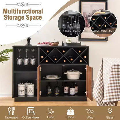 Meuble de bar à vin industriel, buffet avec support en verre et étagère réglable, 115,5 cm L x 81 cm H