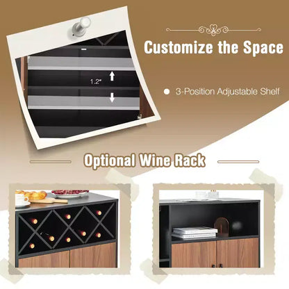 Meuble de bar à vin industriel, buffet avec support en verre et étagère réglable, 115,5 cm L x 81 cm H