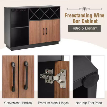 Meuble de bar à vin industriel, buffet avec support en verre et étagère réglable, 115,5 cm L x 81 cm H